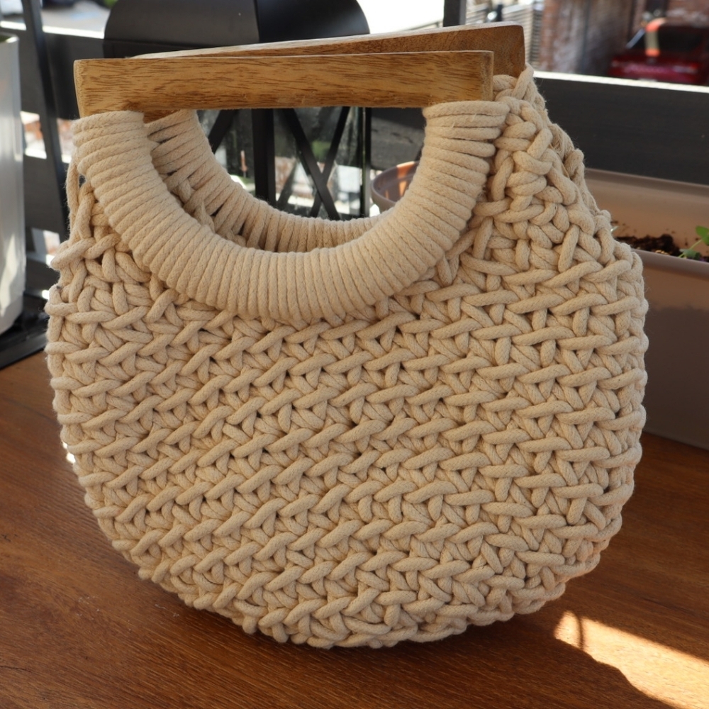 a new day Cream Crochet Tote with Wooden Handles